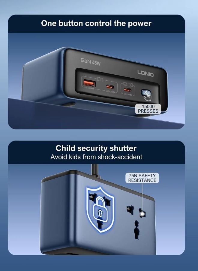 LDNIO 45W PD Universal Desktop Power Strip with USB-C & USB, Safe Fast Charging Solution for Home, Office, Desktop & Kitchen Use, Reduces Cable Clutter, Built-in Protection Against Over-Voltage, Over-Current & Short Circuit, Available in UK / EU / US Plug Options - Image 3